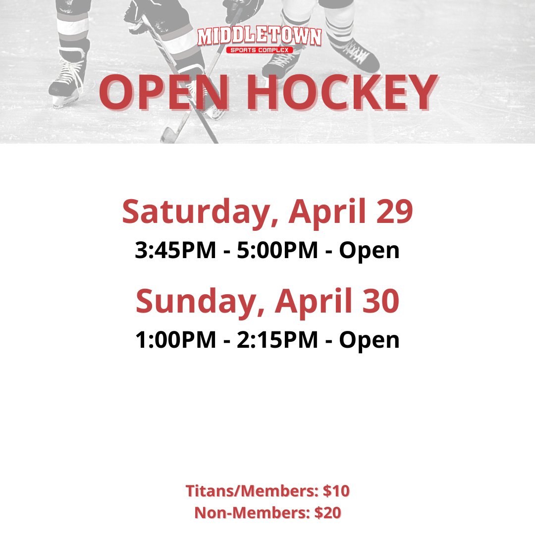 Rain in the forecast this weekend? Here are options for you: Public skating and Open Hockey times for April 28 - 30.