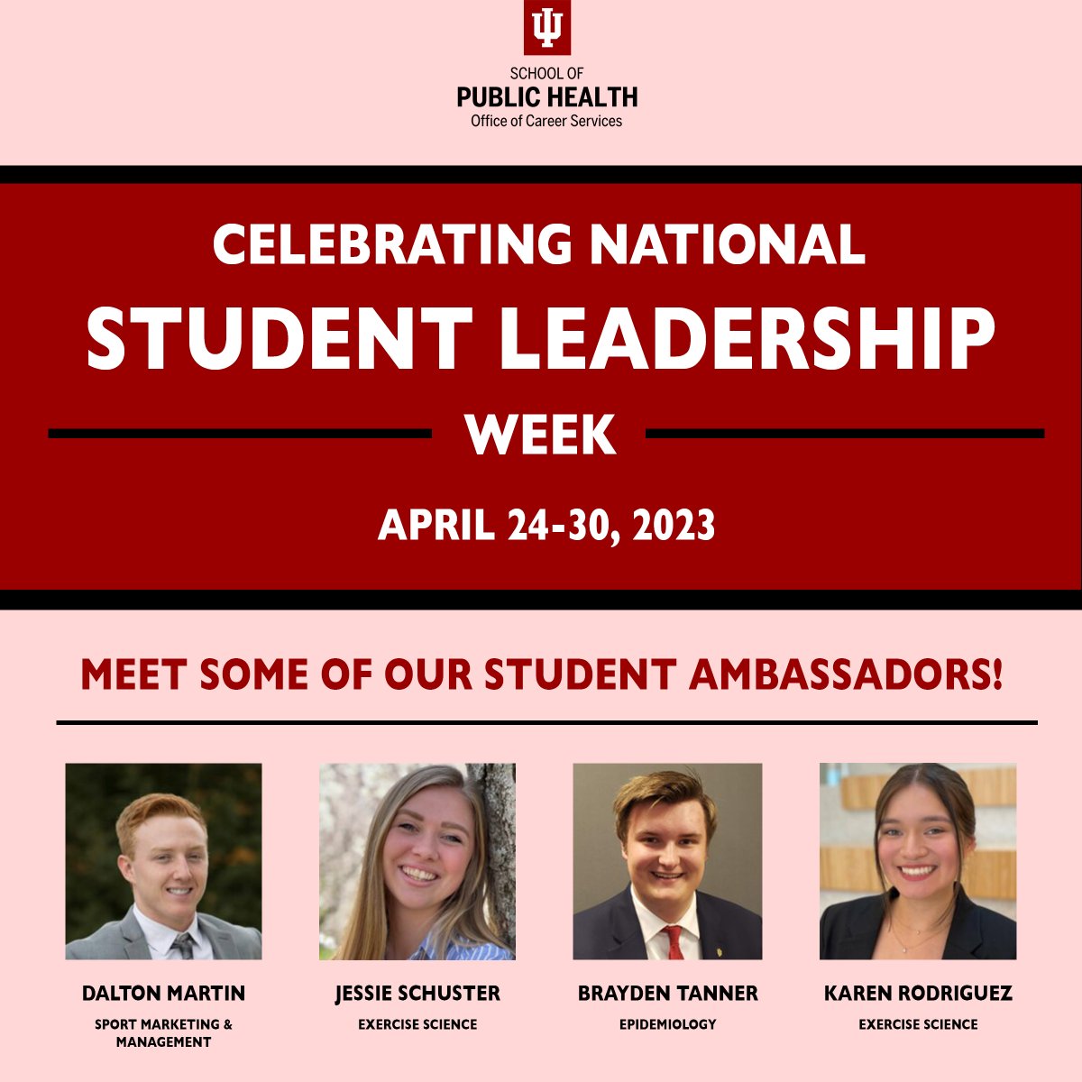 In honor of #NationalStudentLeadershipWeek we wanted to feature some of our awesome Student Ambassadors!

Our Student Ambassadors are a highly selective group of volunteer undergraduate and graduate students chosen to represent the School of Public Health in a variety of roles!