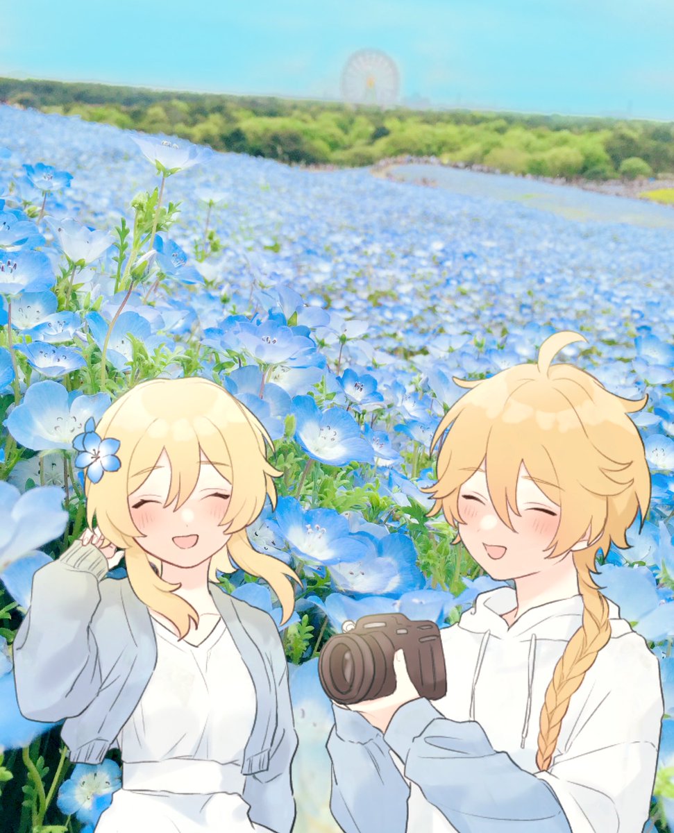 aether (genshin impact) ,lumine (genshin impact) 1girl siblings brother and sister 1boy flower blonde hair camera  illustration images