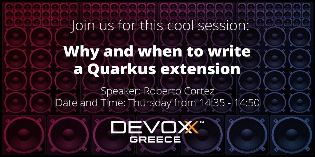 QuarkusIO's tweet image. Session spotlight: "Why and when to write a Quarkus extension" with Roberto Cortez
devoxx.gr/talk/?id=5273
Quarkus session list: github.com/quarkusio/quar…
#quarkusworldtour #kubernetesnativejava #devoxxgreece