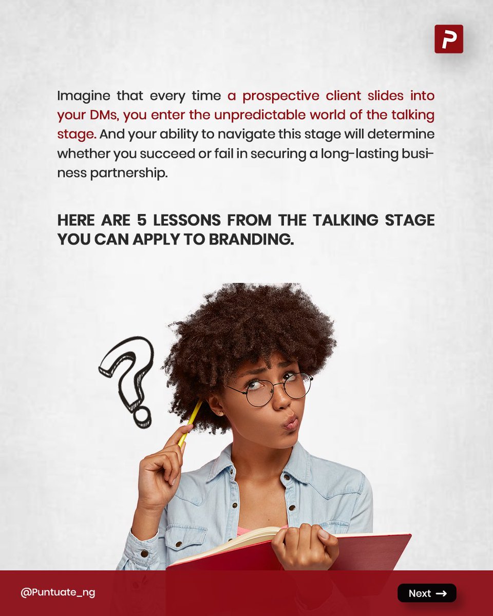 punctuate_ng's tweet image. Swipe right on these 5 lessons from the talking stage that will make your branding strategy a match made in heaven! #Thread 

#BrandingLessons #TalkingStage #BusinessPartnership #RelationshipBuilding