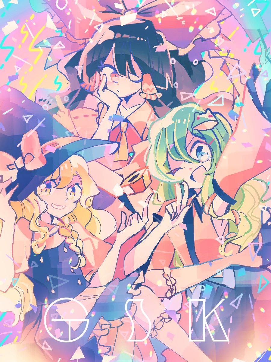 hakurei reimu ,kirisame marisa ,kochiya sanae 3girls multiple girls blonde hair witch hat hat bow one eye closed  illustration images