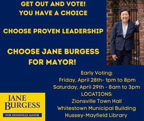 JaneForZville's tweet photo. PLEASE TAKE ADVANTAGE OF EARLY VOTING AND CAST YOUR VOTE FOR JANE BURGESS, A PROVEN LEADER! #janeforzvillemayor #earningyourvote #provenleadership https://t.co/29AcnUq2pM