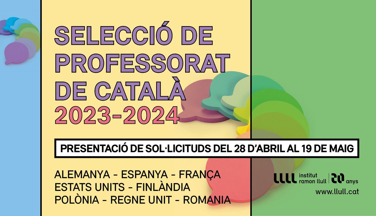 🔴NOVA CONVOCATÒRIA🔴

🧑‍🏫Vols formar part de la #XarxaLlull? Alemanya, Espanya, EUA, Finlàndia, França, Polònia, Regne Unit i Romania busquen professors de català per al curs 2023-2024. 

Recepció de candidatures al web de l’@irllull fins al 19/05/2023. scur.cat/X0Y3YC