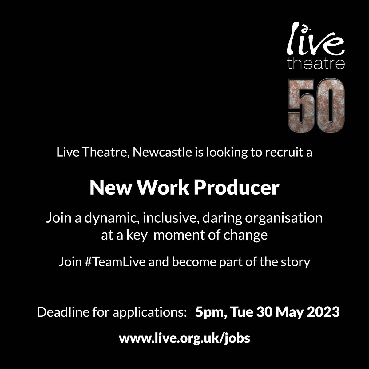 LiveTheatre's tweet image. #Jobs #Vacancies #JobSeekers 
We are looking to recruit a New Work Producer to join us in this key role at an incredibly exciting time in this our 50th year!
If you have relevant experience &amp;amp; a generous, meticulous attitude please feel confident to apply live.org.uk/jobs