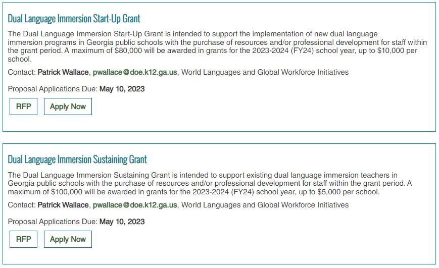DYK that the Ga Dept of Education is offering several competitive grants for Georgia public school systems? Among them are grants supporting Georgia public school DLI programs and teachers, including grants to start new DLI programs. Check it out here- plo.gadoe.org/Pages/Competit…