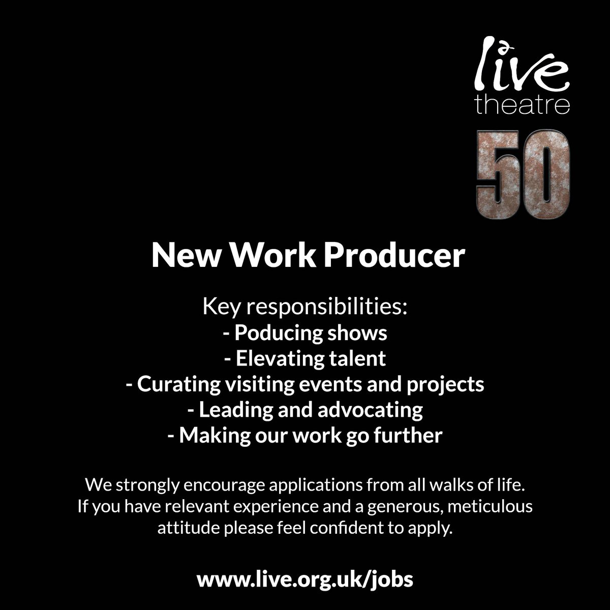 LiveTheatre's tweet image. #Jobs #Vacancies #JobSeekers 
We are looking to recruit a New Work Producer to join us in this key role at an incredibly exciting time in this our 50th year!
If you have relevant experience &amp;amp; a generous, meticulous attitude please feel confident to apply live.org.uk/jobs