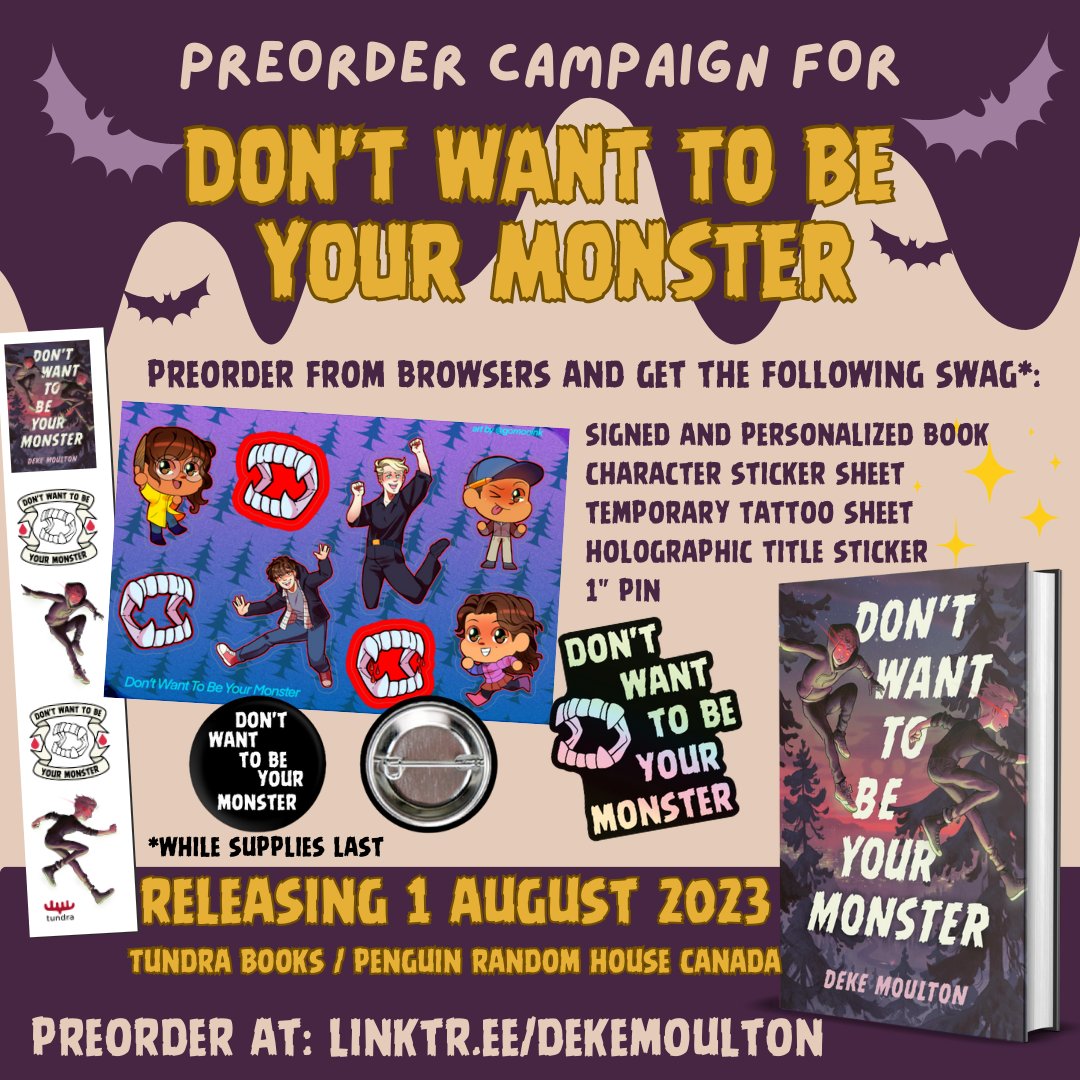 ANNOUCNING THE PREORDER CAMPAIGN FOR DON'T WANT TO BE YOUR MONSTER! Preorder my middle grade debut about two vampire brothers from my local indie and get stickers, tattoos and more! Celebrate #IndieBookstoreDay and help a #2023debut author! BROWSER'S bit.ly/3UY1Ocz