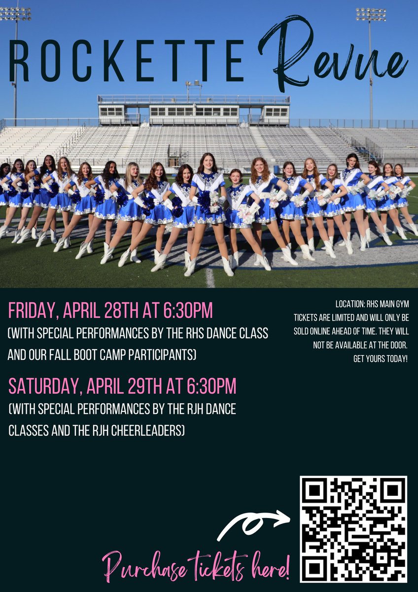 RRockettes's tweet photo. Rockette Revue is TONIGHT and TOMORROW at 6:30pm! Come see an awesome show put on by some wonderfully talented RHS students! 

Tickets: https://t.co/qNN25y5Cze https://t.co/aeGLhdwrVy