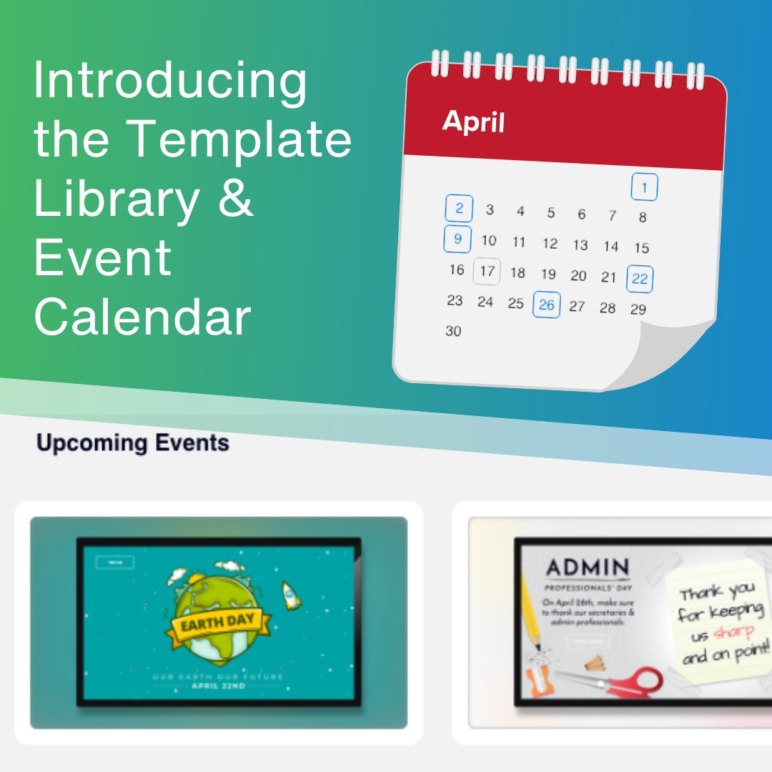 RiseVision's tweet image. Maximize your content strategy with our new template library and event calendar! Now featuring a user-friendly calendar with corresponding templates so you never miss an important event or date. 

#RiseVision #TemplateLibrary #EventCalendar #DigitalSignage