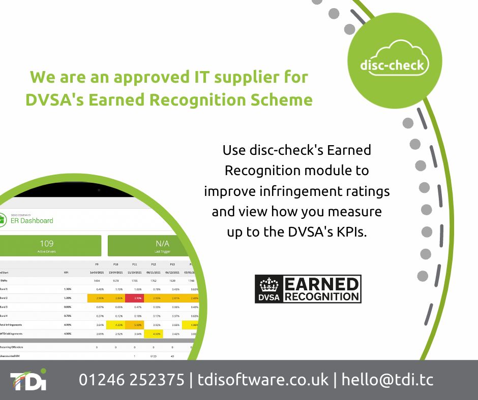 TDiSoftware's tweet image. We&apos;re an approved IT supplier for DVSA&apos;s #EarnedRecognition scheme. 
Use disc-check&apos;s ER dashboard to improve infringement rates and see how you measure up to KPI&apos;s set by DVSA, even if you&apos;re not yet part of the scheme. Learn more at: bit.ly/41T4SdG

#DVSA #Compliance