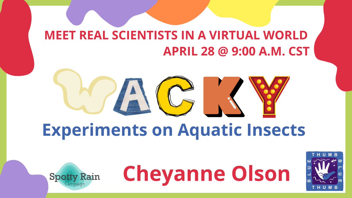 SpottyRainOSU's tweet photo. We are going LIVE at 9 a.m. today with Cheyanne Olson from Oklahoma Blue Thumb as she presents Wacky Experiments on Aquatic Insects: how pharmaceutical pollutants affect aquatic life. Post your questions and join us to find out the answers. Register at: https://t.co/YIfdWWIcDF https://t.co/vYedv1A6l4