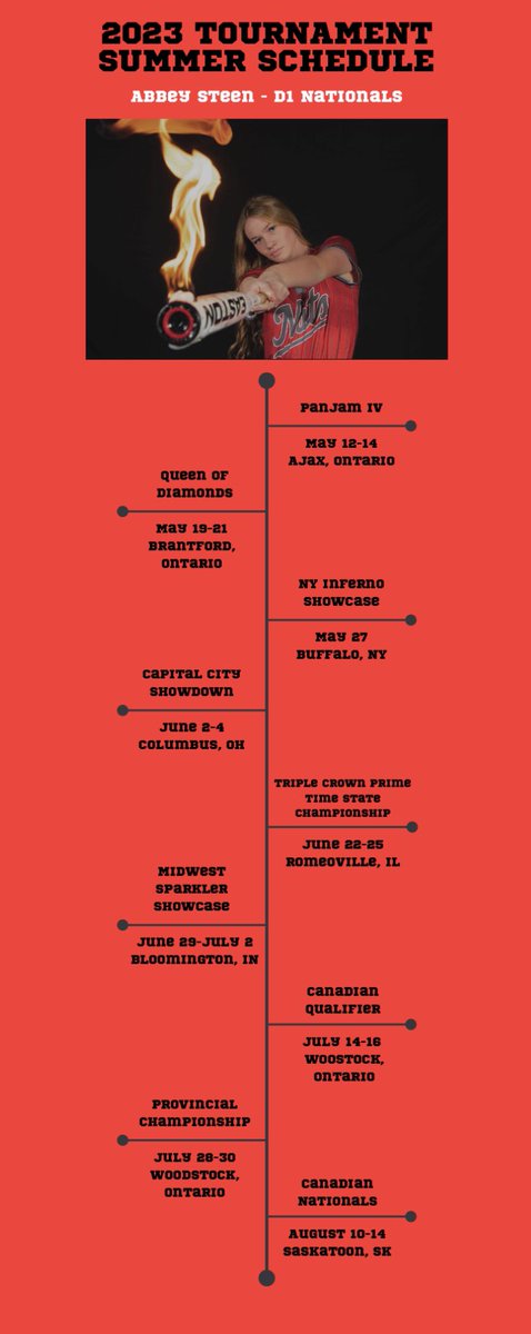 2023 Travel Season Schedule! 

Email : abbeysteen@gmail.com
Phone # : 519-993-5889
ncsasports.org/softball-recru…