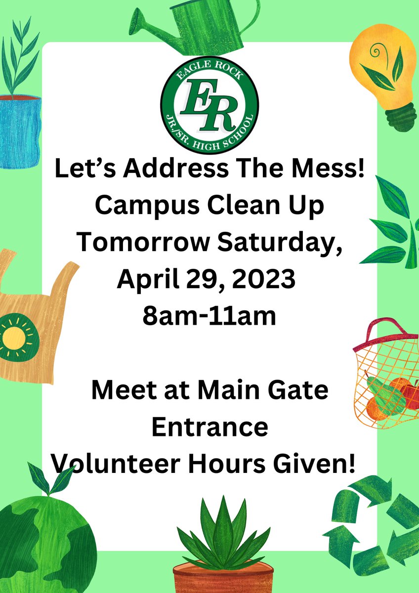 Campus Clean-Up Event (4/29 8a-11a)
Let's address the mess and tidy up our campus. Meet at the main gate. Volunteer hours will be provided. Thanks in advance! #TenthDistrictPTSA #HighlandsCouncil #LDCChampionMentality #NELASchoolsRock #PTA4Kids #PTAProud