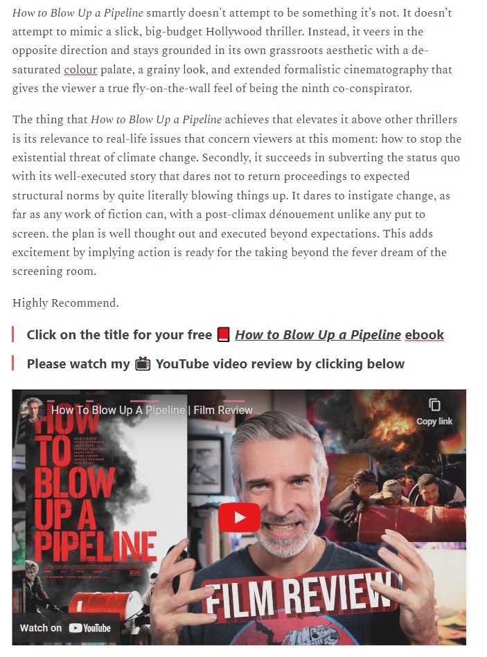 #HowToBlowUpAPipeline Is a must-watch indie thriller. A sophomore feature from Daniel Goldhaber w/ an inspired structure, amazing cast, and taught filmmaking.

A pulse-pounding original score from Gavin Brivik escalates its gripping thrills. <a href="/neonrated/">NEON</a> 

malcolmtaylor.substack.com/p/how-to-blow-…
