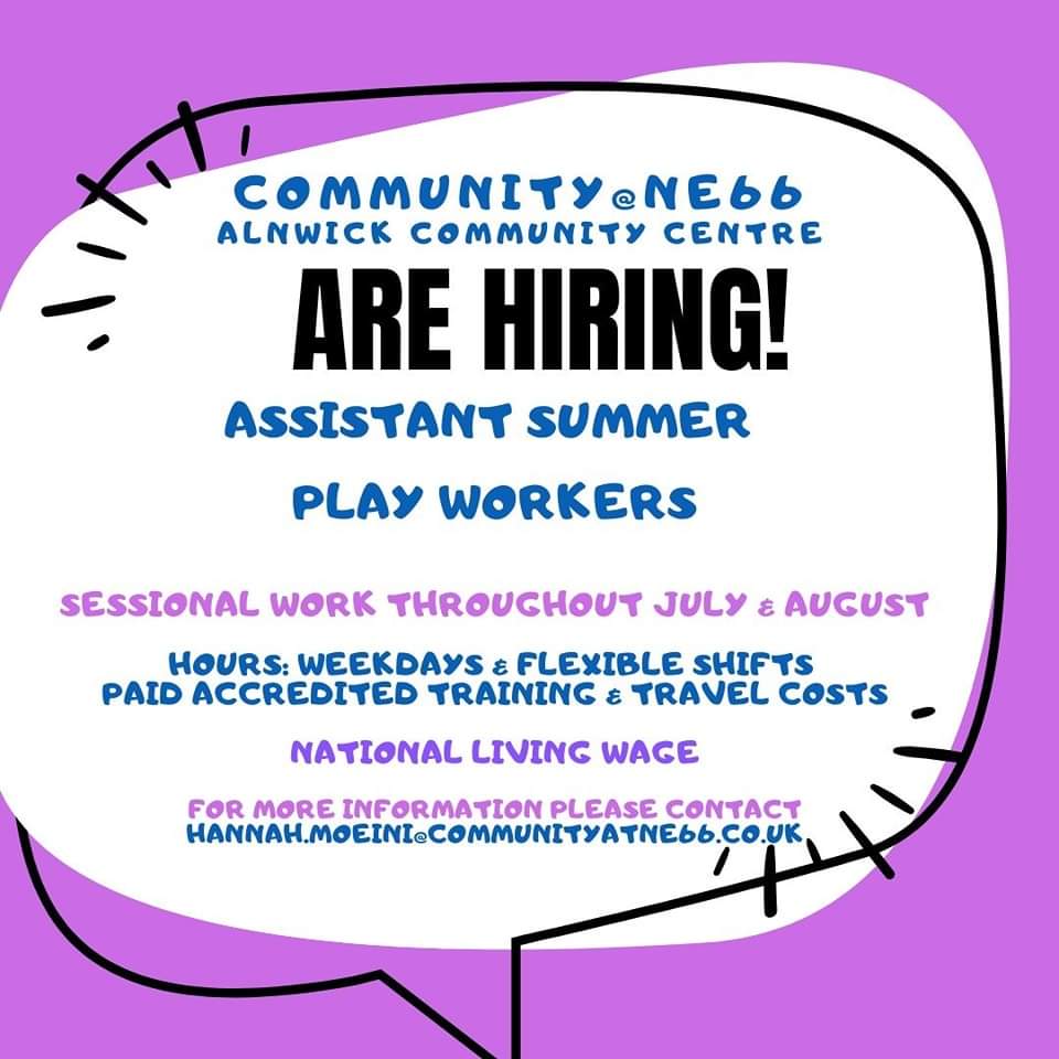 Our very successful summer play scheme is looking to recruit new workers. 
#Alnwick #CharityJobs 
#YouthWorkJobs #NEJobs #NorthEastJobs #NorthumberlandJobs #AlnwickJobs #PlayWorkJobs