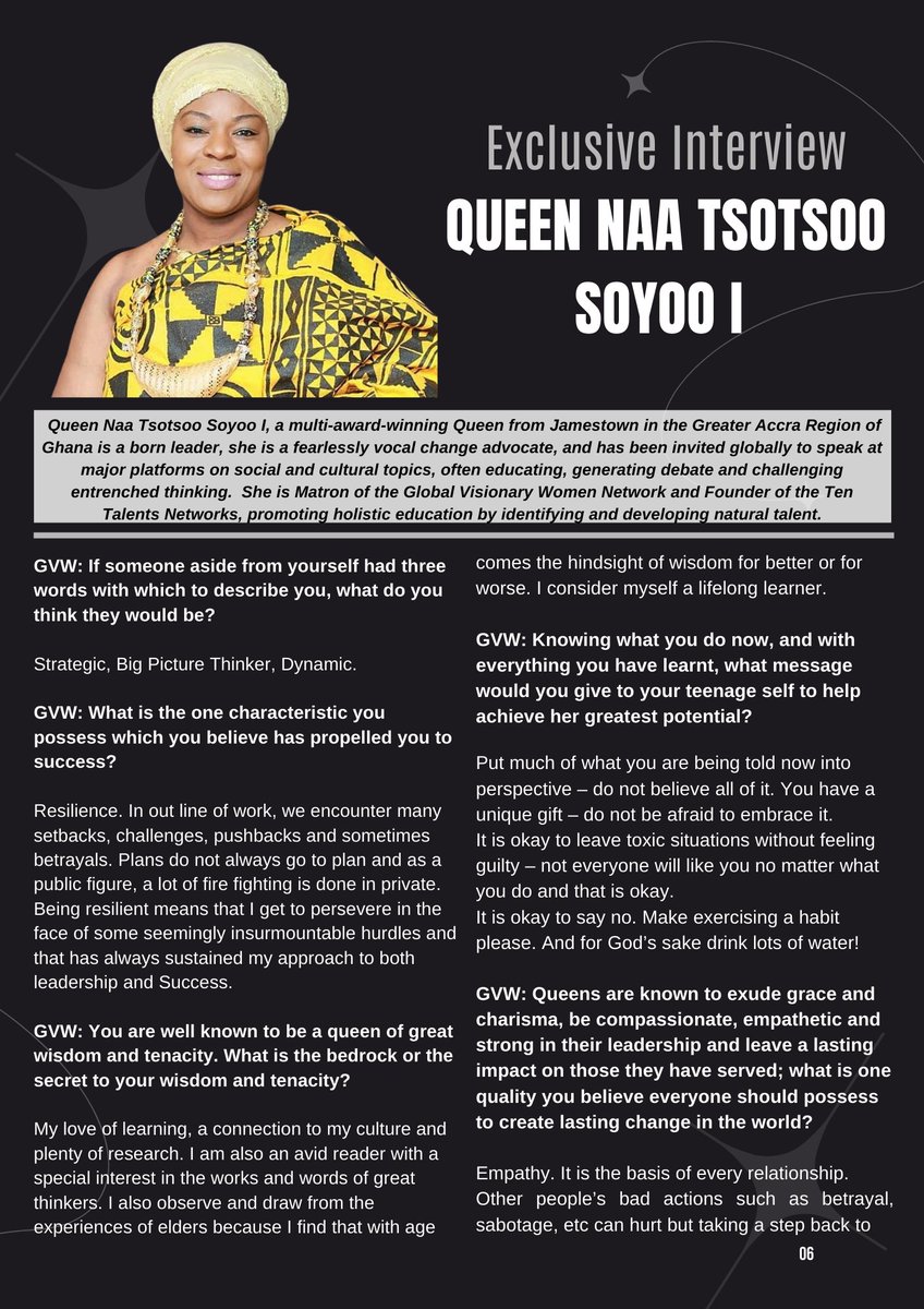 GlobalVisionWN's tweet image. GVW Magazine had the exclusive privilege of interviewing HRH Queen Naa Tsotsoo Soyoo I in Issue three of the magazine. Read the exclusive interview below and be  inspired by her profound wisdom and get exclusive insights into the African Royalty.
 mailchi.mp/ba1e2e0e8243/e…
