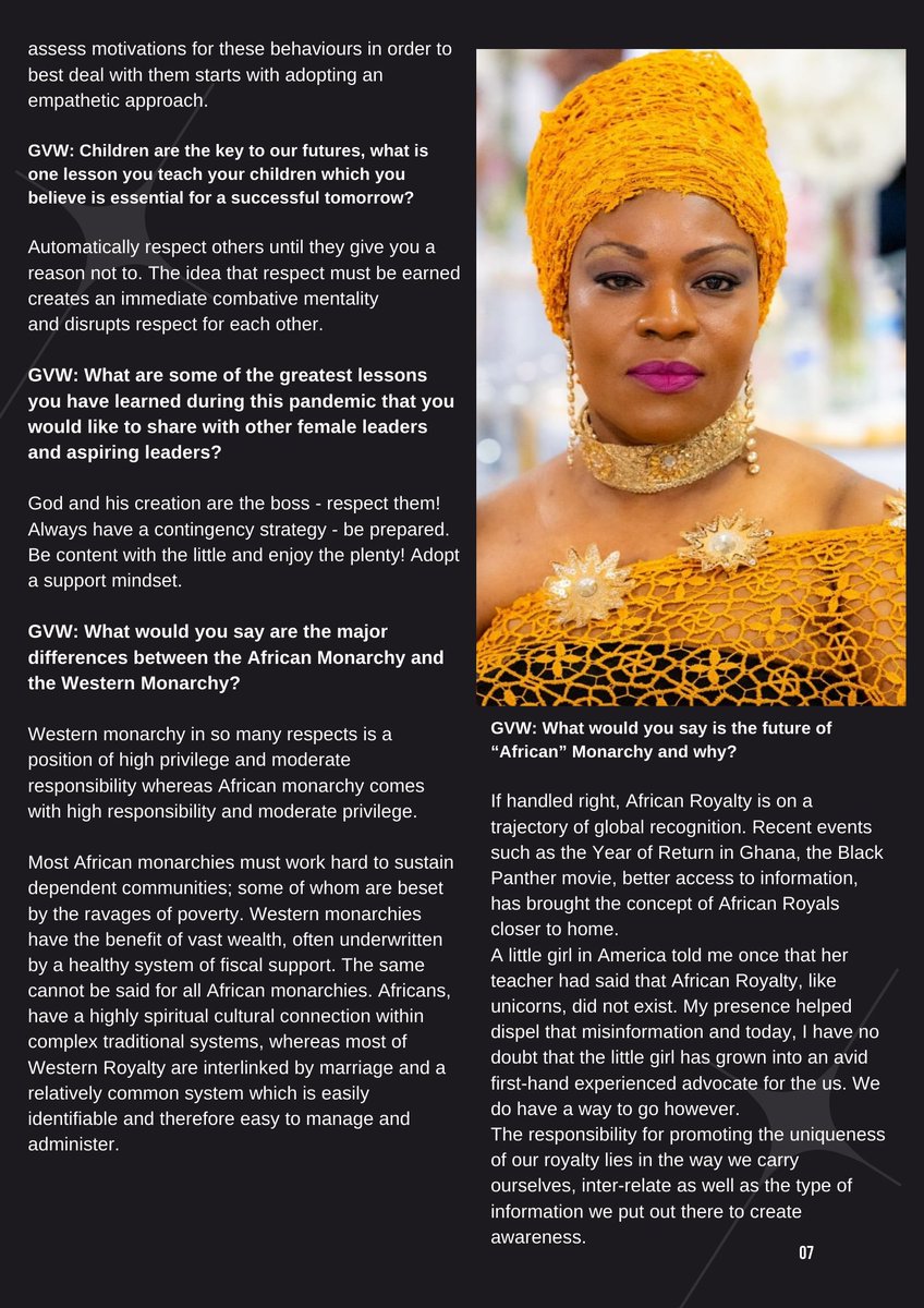 GlobalVisionWN's tweet image. GVW Magazine had the exclusive privilege of interviewing HRH Queen Naa Tsotsoo Soyoo I in Issue three of the magazine. Read the exclusive interview below and be  inspired by her profound wisdom and get exclusive insights into the African Royalty.
 mailchi.mp/ba1e2e0e8243/e…