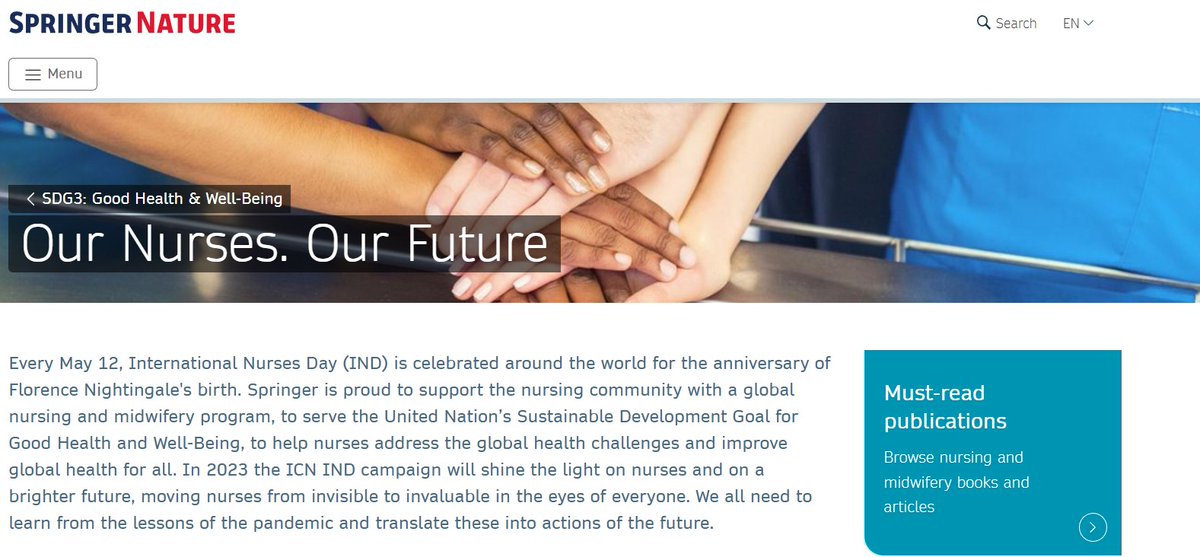 Our Nurses. Our Future! #IND2023
Springer shares 4 inspiring nurse insights and free nursing content bit.ly/3vX9KOY
@NinaKilkku <a href="/JillBHamilton1/">Jill B Hamilton</a> <a href="/LmccaulMcCauley/">Linda McCauley</a> <a href="/michellekenyon5/">Michelle Kenyon💙</a> <a href="/CecilyBetz/">CecilyLynnBetz</a> 
Feel free to share! <a href="/MichelleAcornDr/">Dr. Michelle Acorn DNP, NP, FCAN, FAAN, FFNMRCSI</a> <a href="/ICNurses/">ICN</a> <a href="/ICNGlobalAPN/">ICN NP APN Network</a> <a href="/esno_web/">ESNO - The European Specialist Nurses community.</a> <a href="/deboutc/">DEBOUT Christophe</a>