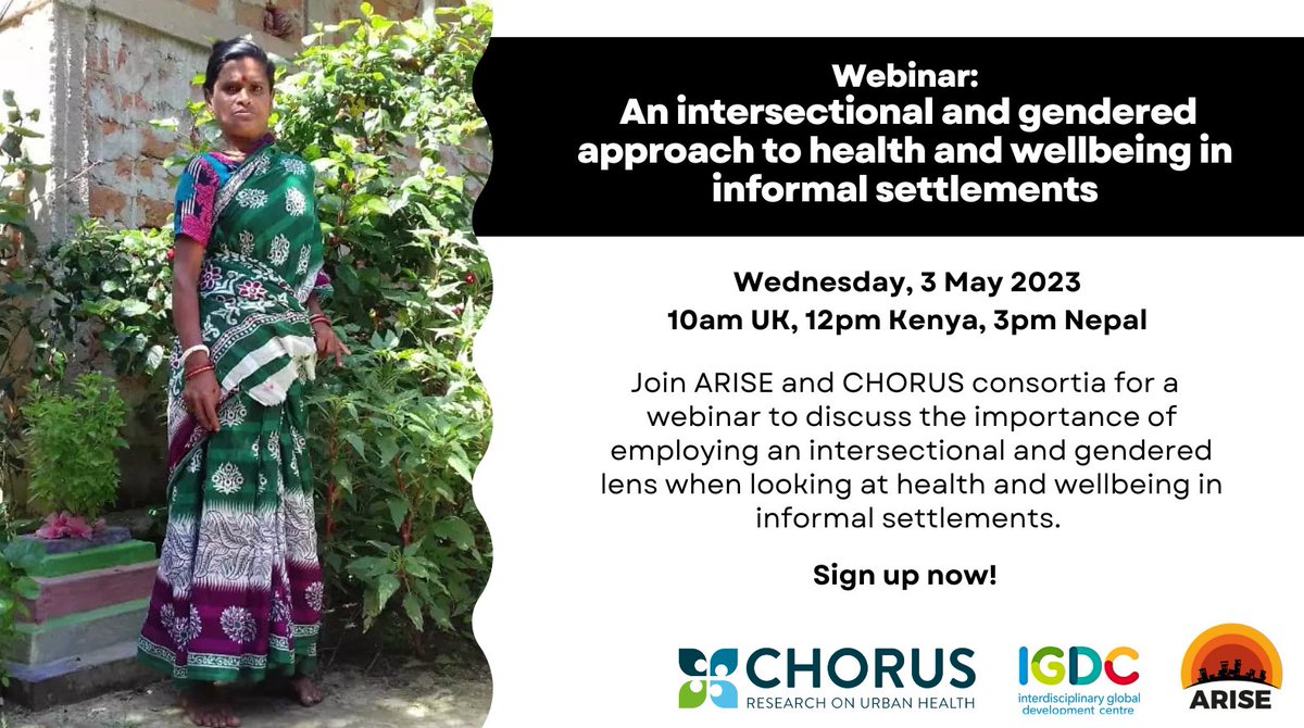Sign up bityl.co/IQI1 to hear @CHORUS and @ARISE researchers discussing their approach to gender and intersectionality within their research in cities @York_IGDC @arkfoundation1 @HERDIntl @BRACJPGSPH @AgwuP @Chinyerembachu