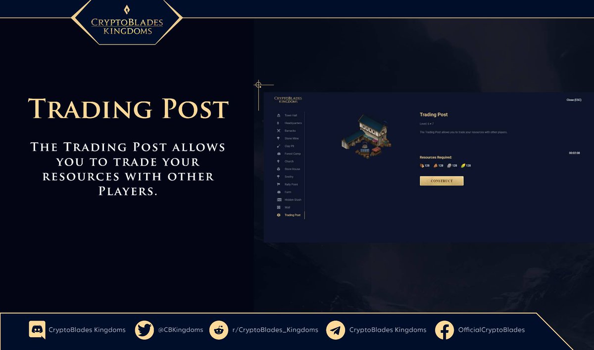 ⚔️ It's time for another CBK fun fact! 

🏰 To trade resources for gold, you must build a trading post.

🩸 Visit the #CryptoBlades Kingdoms website here: 
👉 cryptobladeskingdoms.io