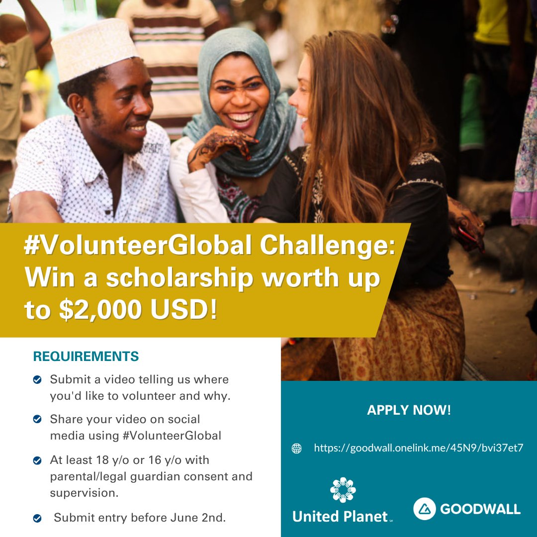 United Planet is collaborating with Goodwall to give a scholarship worth up to $2,000 USD to one lucky person! 💰 Go to goodwall.onelink.me/45N9/bvi37et7 to learn more.

#scholarship #volunteerglobal #volunteerabroad #win