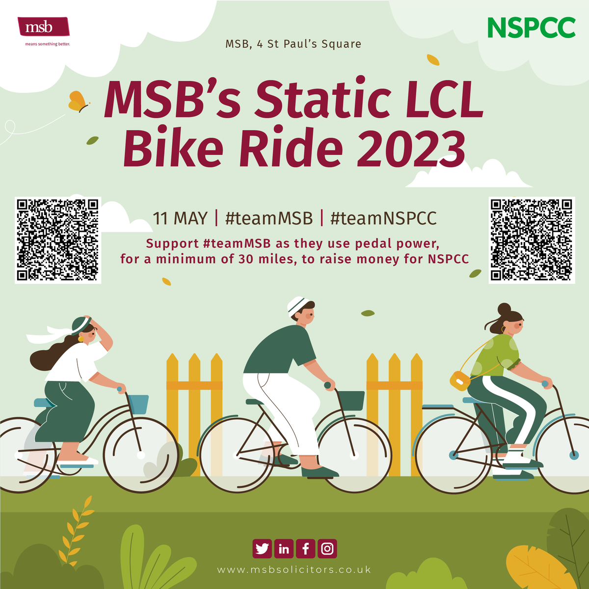 MSBSolicitors's tweet photo. Support #TeamMSB on our Static LCL Bike Ride on 11th May.

We'll be cycling a minimum of 30 miles to raise money for @NSPCC 🚲

Please head over to our #JustGiving page if you can, and help us reach our £500 goal ⬇️

https://t.co/BechJ7xoa5 https://t.co/HcOjfO1qhM
