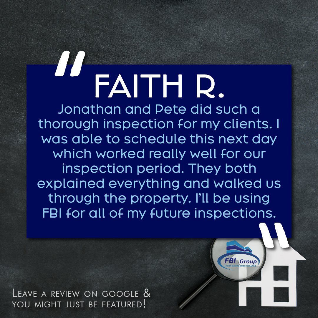 FLBIGroup's tweet photo. Thank you for your outstanding review! It's wonderful to know that our thorough inspection and professional service have left a lasting impression. Your satisfaction is our top priority. We look forward to serving you again in the future! 🌟🔍 https://t.co/6oQsZhDVfA