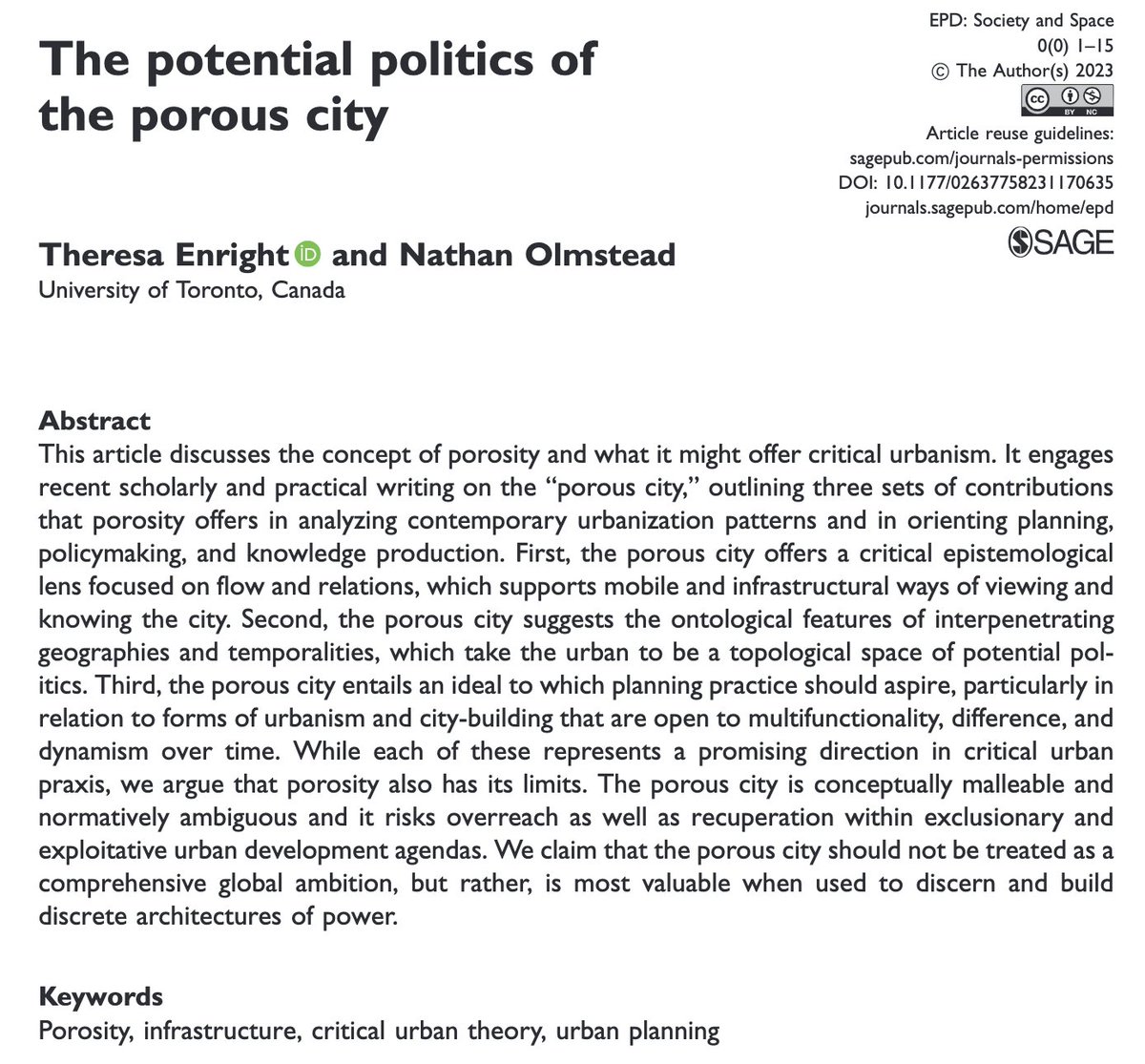 Online 1st: 'The potential politics of the porous city' by <a href="/tenright/">theresa enright</a> &amp; @olmsna  
journals.sagepub.com/doi/10.1177/02…