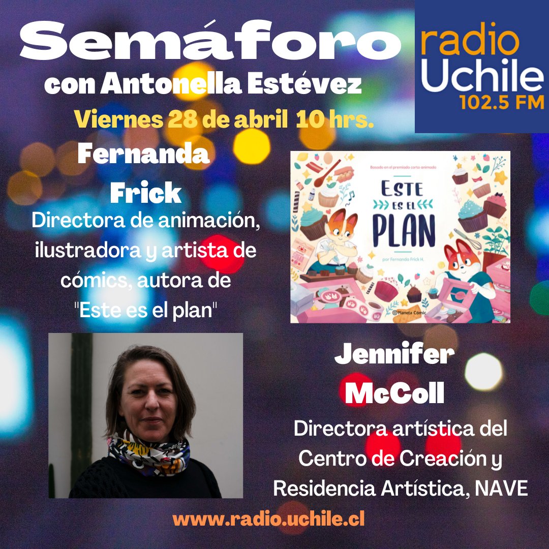 Buen viernes! A las 10 en <a href="/uchileradio/">Radio Universidad de Chile</a> : <a href="/FernandaFrick/">Fernanda Frick H.</a> directora de animación, ilustradora y artista de cómics,autora de "Este es el plan" <a href="/PlanetaLibrosCh/">Planeta de Libros Chile</a> y Jennifer McColl, directora artística de <a href="/centro_nave/">NAVE</a> nos cuenta de las actividades del Día Internacional de la Danza.