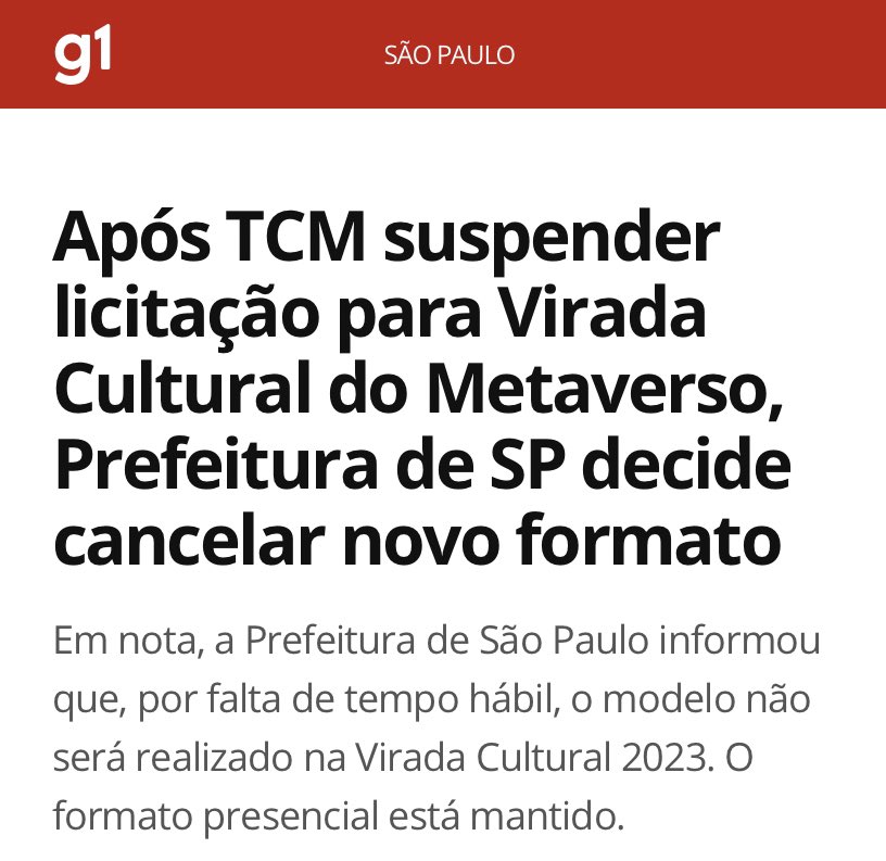 ErikakHilton's tweet photo. VITÓRIA NO MUNDO REAL 🙌🏾

A Prefeitura de SP decidiu cancelar a “Virada Cultural do Metaverso”

Custando R$10 milhões, equivalente à quase todo o orçamento da Virada Cultural, nem a Prefeitura sabia explicar o evento.

O evento foi alvo de ofício do meu mandato no mês passado. https://t.co/SuxxWOGQlF