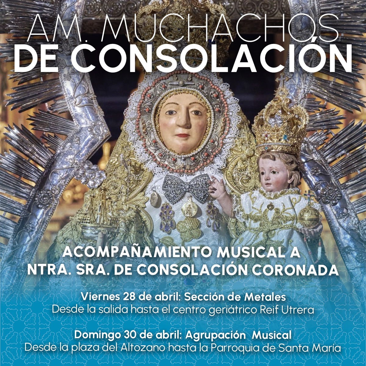 AMmuchachos's tweet photo. Tendremos el placer de poner música en el Triduo Itínere en honor a Ntra Patrona.
Hoy, la 𝑺𝒆𝒄𝒄𝒊𝒐́𝒏 𝒅𝒆 𝑴𝒆𝒕𝒂𝒍𝒆𝒔 desde el Santuario hasta el Geriátrico. 
El Domingo, nuestra 𝑨𝒈𝒓𝒖𝒑𝒂𝒄𝒊𝒐́𝒏 desde la Plaza del Altozano hasta la Parroquia de Sta. María de la Mesa https://t.co/ji1gfeGcIx