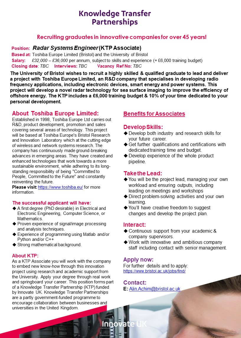 Alin Achim (@bramachim) on Twitter photo Opening soon! <a href="/BristolUni/">University of Bristol</a> wishes to recruit a highly skilled graduate to lead and deliver a project with Toshiba BRIL. They will develop a novel radar technology for sea surface imaging in offshore floating wind turbine applications. <a href="/innovateuk/">Innovate UK</a> <a href="/VILaboratory/">VILaboratory</a> @BristolUniEng Opening soon! <a href="/BristolUni/">University of Bristol</a> wishes to recruit a highly skilled graduate to lead and deliver a project with Toshiba BRIL. They will develop a novel radar technology for sea surface imaging in offshore floating wind turbine applications. <a href="/innovateuk/">Innovate UK</a> <a href="/VILaboratory/">VILaboratory</a> @BristolUniEng