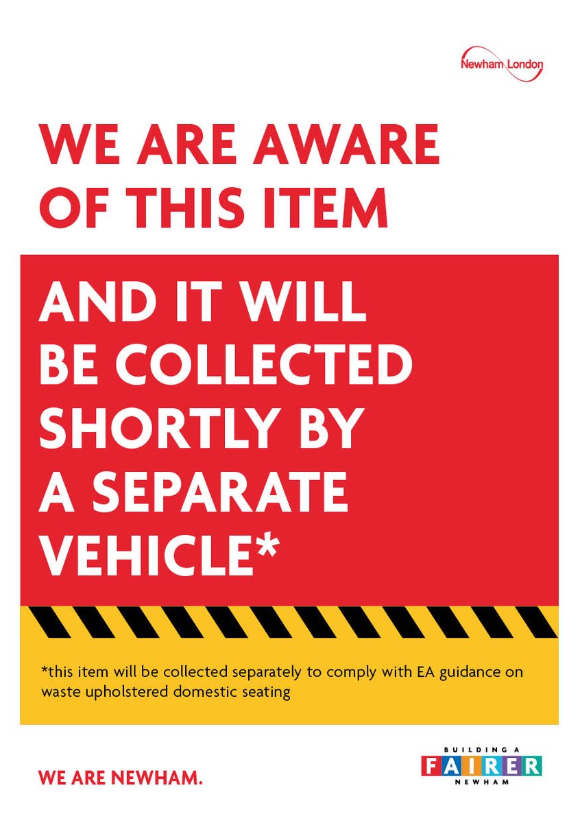 NewhamLondon's tweet photo. From 24 April, the way that we collect waste sofas and other upholstered items will change.  

This means that if a bulky collection or a fly tip contains a sofa or other upholstered items, these will be collected separately.

More info https://t.co/2ZK0xQggyc https://t.co/bXthANBLYr