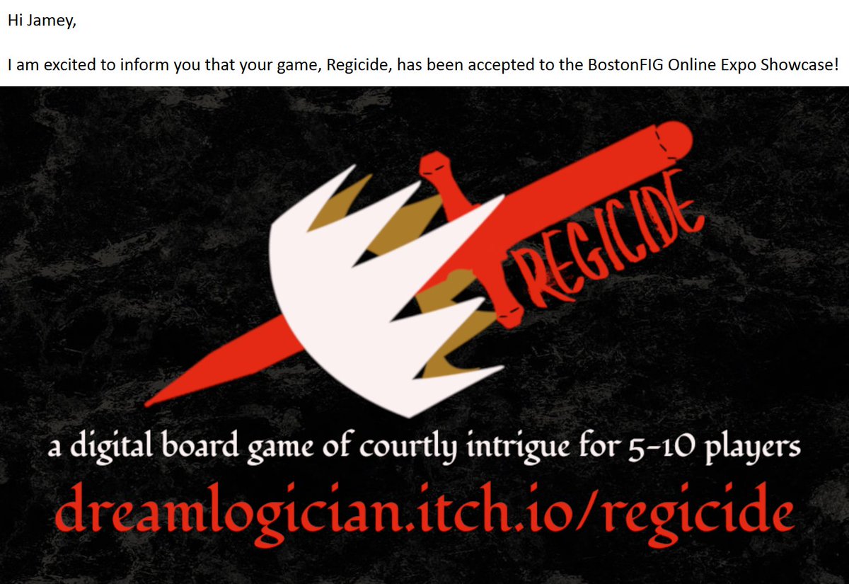 So excited! I just received the good news that my game Regicide was accepted for the BostonFIG Showcase on May 20th. 👑🗡️🩸 

I will also be demoing the game tomorrow at RPI GameFest in Troy. Hope to see you there! gamehub.rpi.edu/research/gamef…