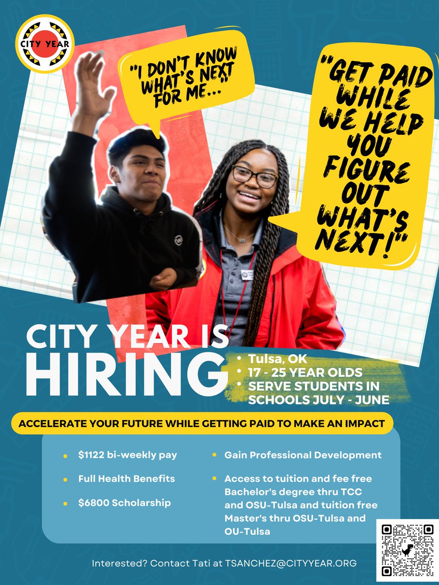 candacebrenner's tweet photo. Know any young adults ages 17-25 looking for what's next? Get paid to mentor young school children, and then earn a FEE FREE college education. City Year Tulsa is recruiting young adults to serve as tutors and mentors now! Learn more below or scan QR code
https://t.co/GognLwPnJM https://t.co/xtiKXVsR0B