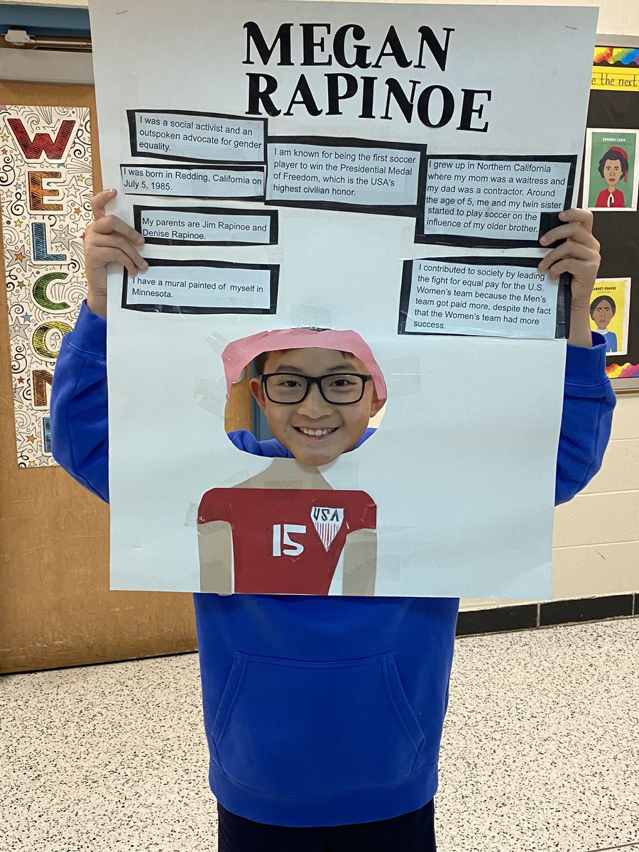MsGriffith7's tweet photo. My soccer obsessed class is so excited for @mPinoe to come to Louisville! Check out Carter’s Women’s History Month project. Fourth grade loved learning about her. @OLReign @RacingLouFC @BrandeisBears #PBL https://t.co/8XdwGyCxJ0