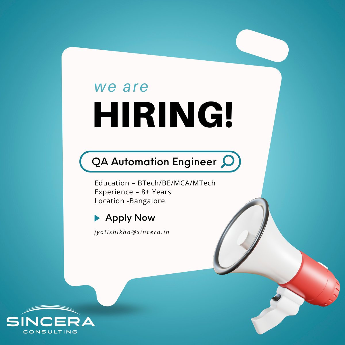 synkriya's tweet image. Job Opening - QA Automation Engineer
Education – BTech/BE/MCA/MTech
Experience – 8+ Years
Location -Bangalore
Email resumes to jyotishikha@sincera.in
#QAAutomationEngineer #QAJobs #QAAutomation #BangaloreJobs #BengaluruJObs #TechnologyJobs #ITJobs #Careers #SoftwareJobs #Jobs