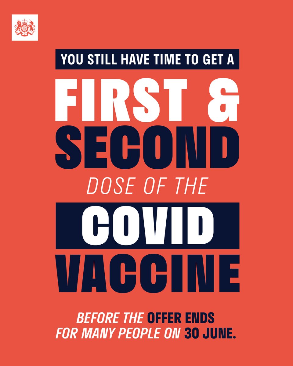 DHSCgovuk's tweet image. ⏳ There's still time for adults to get both a first AND second dose of the Covid vaccine before the offer ends for many on 30 June.

📅 People aged 18+ need to wait eight weeks between doses which means getting the first jab on or before 5 May.

Book: nhs.uk/conditions/cor…