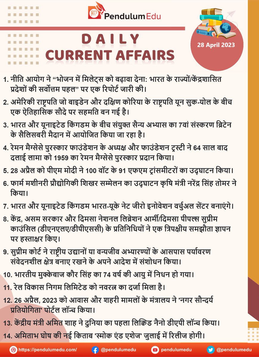 pendulumedu's tweet photo. Current Affairs of 28 April 2023 in Hindi - https://t.co/dL5IogxlSE
#currentaffairs #news #latestnews #breakingnews #pendulumedu #NITIAayog #biden #MilitaryExercise #dalailama #91fm #farmmachinerysummit #IndiaUK #dnla #dpsc #sc #nationalparks #boxerkaursingh #railvikasnigamltd https://t.co/EK6LWBqAch