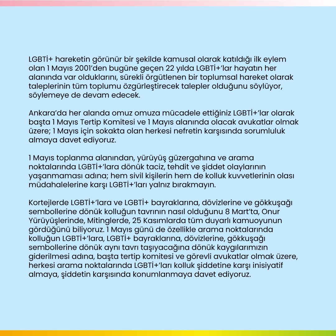 baskentkuir's tweet photo. Ankara 1 Mayıs Tertip Komitesine, avukatlara ve 1 Mayıs alanlarında olacak herkese Ankara'daki LGBTİ+ öğrenci toplulukları ve LGBTİ+ dernekleri olarak çağrımızdır:

1 MAYIS’TA NEFRETE GEÇİT VERMEYİN!

YAŞASIN 1 MAYIS! https://t.co/43j73rZBSj