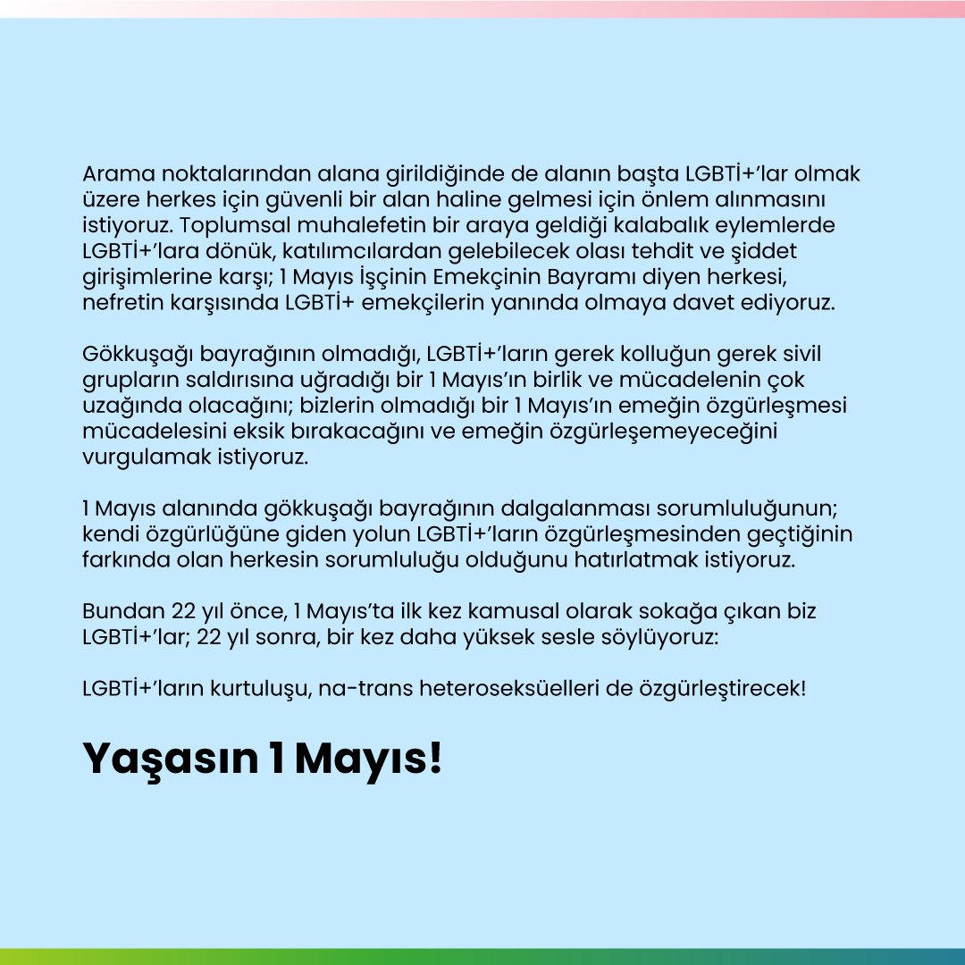 baskentkuir's tweet photo. Ankara 1 Mayıs Tertip Komitesine, avukatlara ve 1 Mayıs alanlarında olacak herkese Ankara'daki LGBTİ+ öğrenci toplulukları ve LGBTİ+ dernekleri olarak çağrımızdır:

1 MAYIS’TA NEFRETE GEÇİT VERMEYİN!

YAŞASIN 1 MAYIS! https://t.co/43j73rZBSj