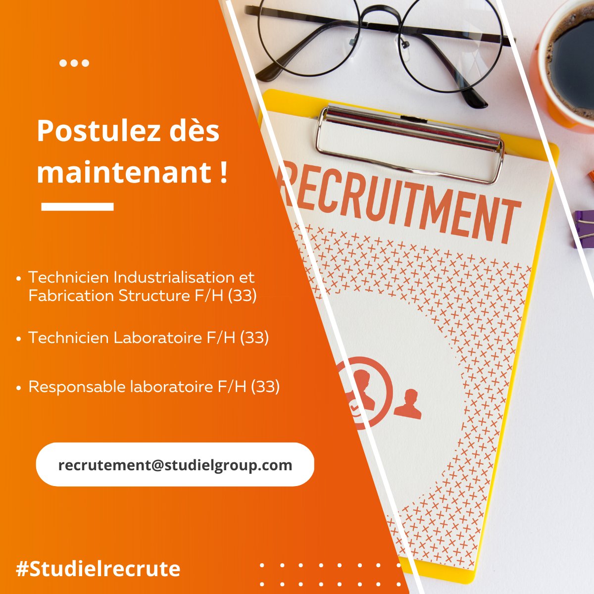 A la recherche d'un poste à Mérignac ?
Venez consulter nos 3 offres disponibles dans cette ville, ici : lnkd.in/dgTuyk7
Intéressé ? Envoyez votre CV à notre équipe recrutement à recrutement@studielgroup.com

#offres #recrutement #studielrecrute