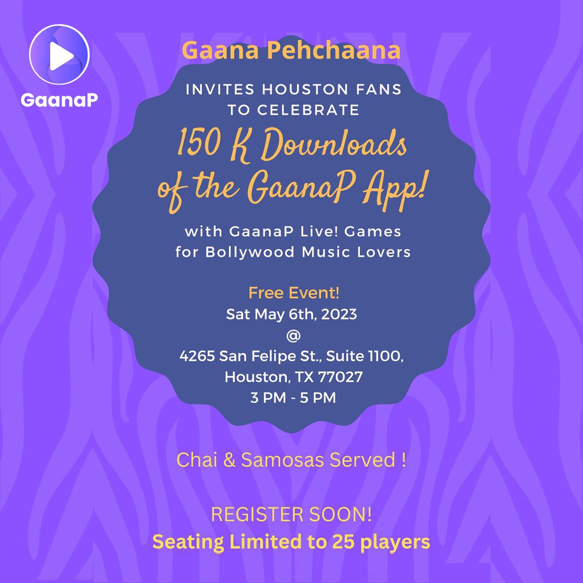 GaanaP's tweet photo. Gaana Pehchaana invites Houston fans to celebrate 150K downloads of the GaanaP app!

Register to join with us: https://t.co/4N7WW2l1x7

#gaanap #musicgame #hindisongs #bollywoodsongquiz #bollywoodsongs #music #liveevents #corporateevents #hr #officegames #houston https://t.co/OKhLpVvjS4