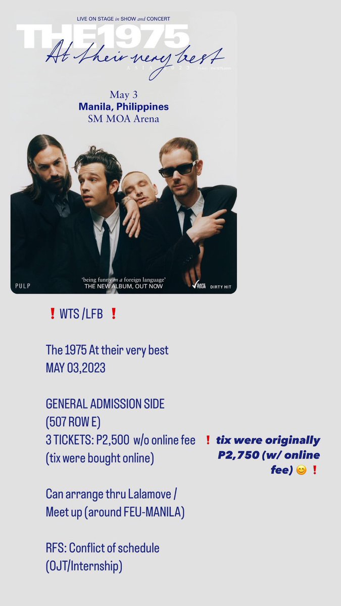 jeonjeykeyyy97's tweet photo. wts lfb ph

the 1975 concert tickets

see pic for more deets // dm me https://t.co/08uapT8xCm