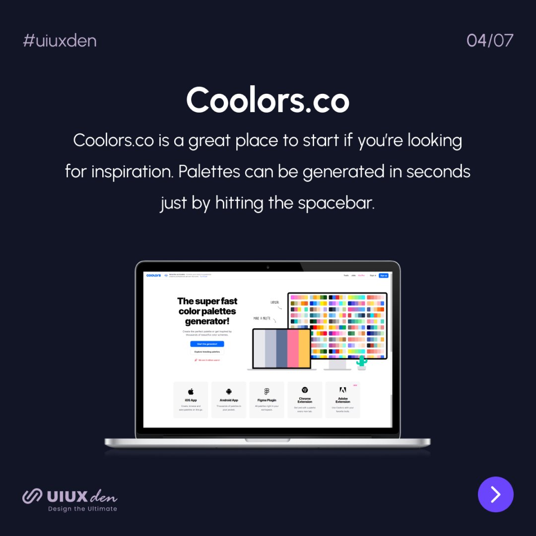 UiUxDen's tweet photo. Revamp your designs with these amazing color tools!
From palettes to generators, unlock endless possibilities and take your creativity to the next level 🎨💻

Follow 👉 UI UX DEN 👈 for more!

#color #design #creativity #designinspiration #Tips  #uidesign #uxdesign #uiuxden https://t.co/oMhsZTd6Mr