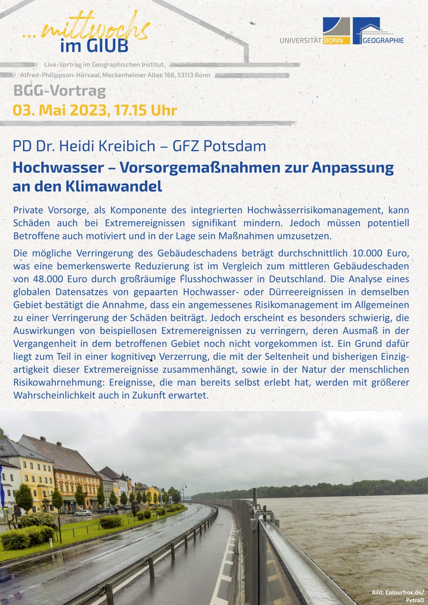 #floods #adaption #climatechange #prevention
#mittwochsimGIUB #BGG
Talk by Prof. Heidi Kreibuch <a href="/GFZ_Potsdam/">GFZ</a>: „#Hochwasser - Vorsorgemaßnahmen zur #Anpassung an den #Klimawandel“
When? May 3, 5:15 pm
Where? Lecture Hall,<a href="/GIUB_Research/">Department of Geography Bonn</a> 

👉come &amp; listen to some exciting research!