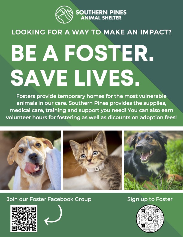 Join Southern Pines in volunteering by fostering or helping pass out doorhangers.

Sign up on Get Connected or through the QR codes below!