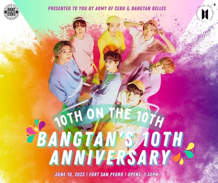 bangtan_belles's tweet photo. Cebuano ARMYs, this is the moment you have been waiting for! 

ARMY of Cebu and Bangtan Belles would like to invite you to the grandest BTS anniversary in Cebu this year.

Join us as we celebrate RM, Jin, Suga, JHope, Jimin, V, and  Jungkook's 10th on the 10th!
#AOCxBangtanBelles https://t.co/W8gqWl0S4c