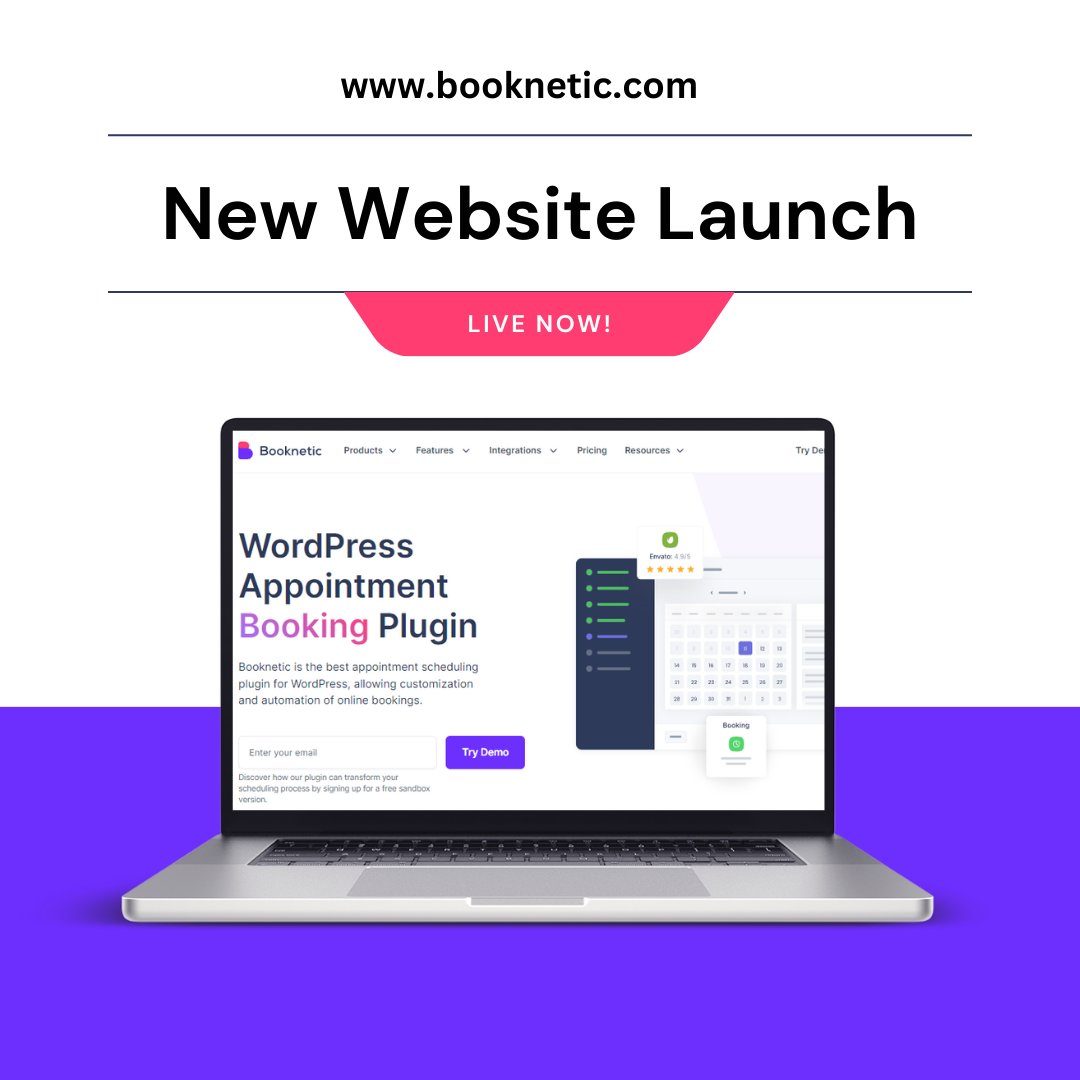 booknetic's tweet photo. Heeey, We have exciting news for YOU! 🎉

We updated our website to improve your browsing &amp; appointment booking experience with a modern, user-friendly design. 

Check out the new &amp; improved #Booknetic website for easier #appointmentscheduling. 🚀 https://t.co/IXkH7lq4kh